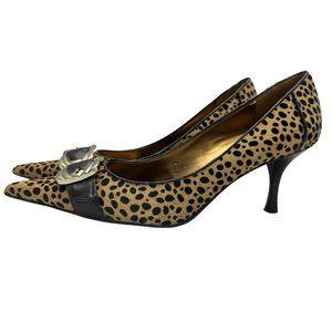 Leopard Print Leather Calf Hair Heels With Gold Buckle, Nine West Size 9.5